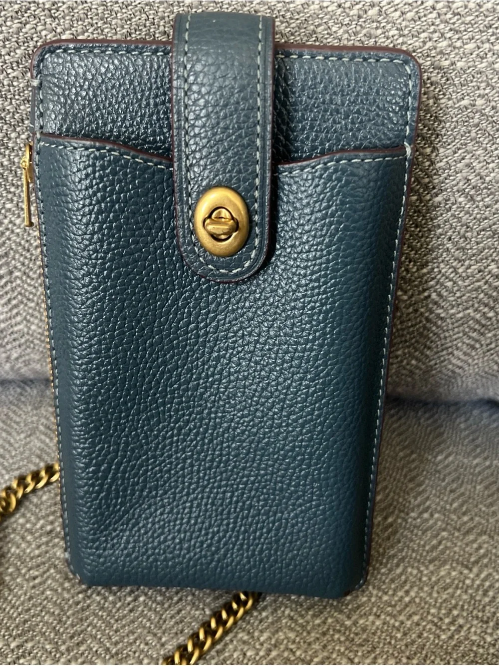 Coach Women's Turnlock Pebbled Leather Phone Crossbody Bag - Blue  & Gold Chain